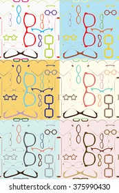 A set of seamless patterns in 6 color schemes featuring a variety of glasses silhouettes over a halftone background.
