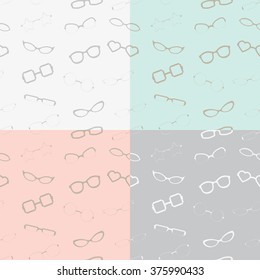 A set of seamless patterns in 6 subtle color schemes featuring a variety of glasses silhouettes.