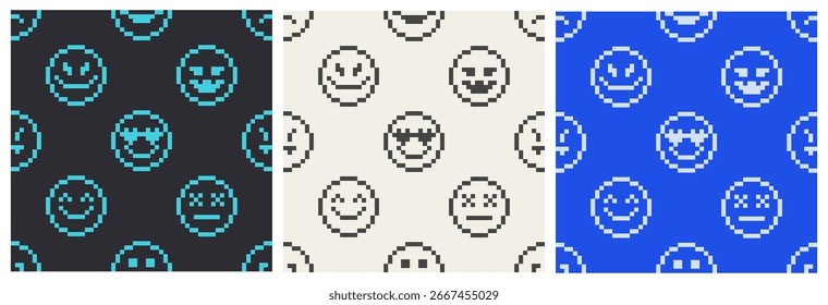 Conjunto de patrones sin fisuras con emoji de 8 bits. Imprime con smiley pixelado. Varias emociones en estilo de 8 bits. Diseño brutalista, estética y2k.