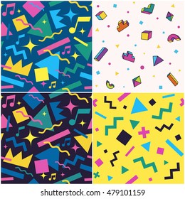 Set of seamless patterns. The 90's and the 80's style. Vector illustration. 