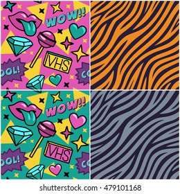 Set of seamless patterns. The 90's and the 80's style. Vector illustration. 