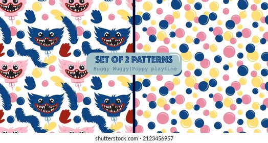 A set of seamless patterns about the game poppy playtime. Huggy Wuggy and Kissy Missy toy characters. 2 hand drawn patterns with popular characters and balls. Funny children's patterns with monsters. 