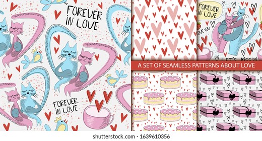 A set of seamless patterns about love. Background with cats and hearts. Cool animalistic background. Funny cats. Valentine's day. Heart. Sweet background with cake. vector.