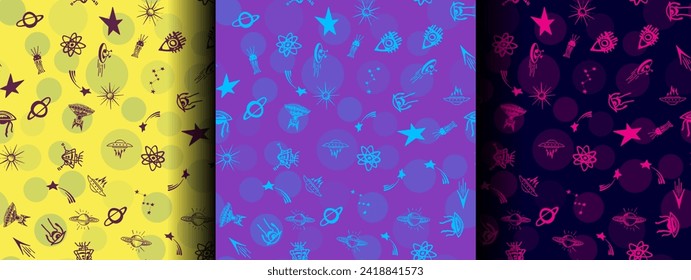 Set of seamless patterns about space, children's print for printing on the surface. UFO. Pink, blue, yellow. Stock vector background. For nursery, posters, prints on fabric. 