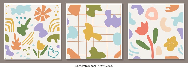 Set of seamless patterns with abstract compositions. Hand drawn simple doodle shapes and natural elements. Minimalism, pastel earth tones. Vector backgrounds for modern designs and projects.