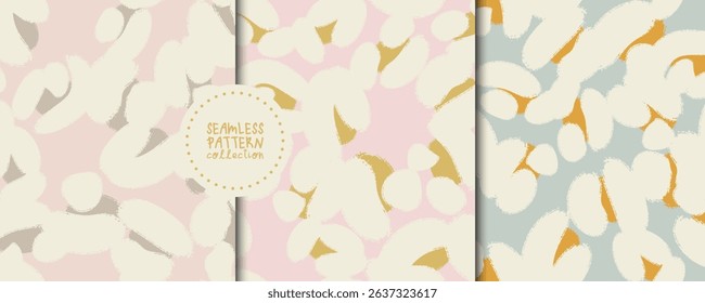 Set of seamless patterns with abstract cotton white flowers in vector. Backgrounds, prints, design elements