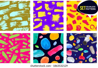 Set of seamless patterns abstract creative with brush strokes. Colorful background for printing brochure, card, poster, print, textile, magazines, sport wear. Colored vector, modern trendy design.