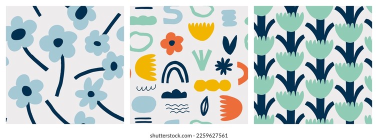 Set of seamless patterns with abstract cute flowers. Naive art. Vector Hand drawn background for design and card, covers, package, wrapping paper. 