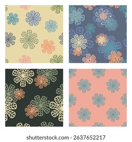 Set of seamless patterns with abstract floral silhouettes in soft and muted colors. Decorative retro-style flowers on contrasting backgrounds. Print for fabric, wallpaper, or packaging. Vector 