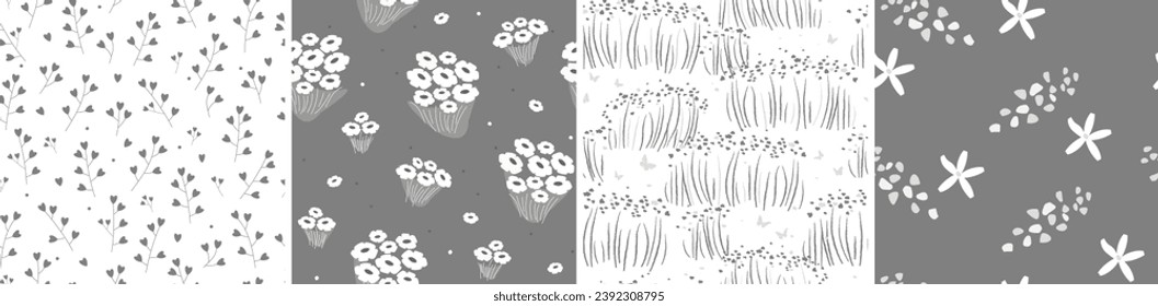 A set of seamless patterns with abstract flowers, bouquets, leaves, branches. Summer monochrome natural print. Vector graphics.