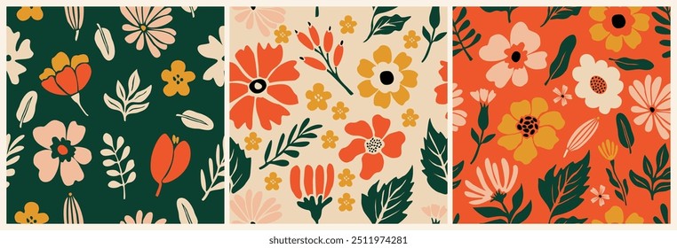 Set of seamless patterns with abstract flowers. Floral retro style groovy design for printing and decoration. Repeatable flowers botanical backdrop. Colorful vector illustration.