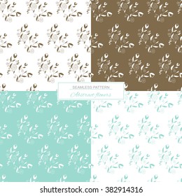 Set of seamless patterns of abstract flowers on a white chocolate background 