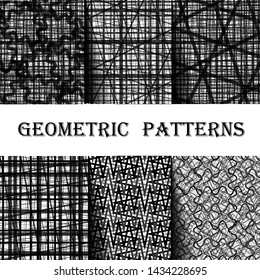Set of Seamless Patterns With Abstract Geometric Lines. Vector illustrations samples collection of Repeating Lines textures. Black and white monochrome set