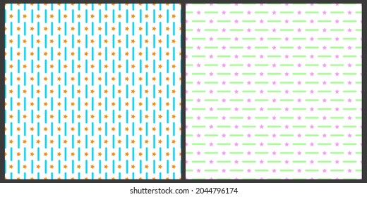 A set of seamless patterns. Abstract, geometric pattern. Green and blue vertical and horizontal lines with orange and pink stars between them, on a white isolated background. 