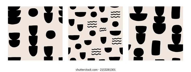 Set of seamless patterns with abstract geometric shapes. Zen, balance concept. Bohemian modern vector backgrounds. Stack of black ceramic bowls