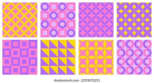 Set of seamless patterns with abstract geometric shapes. Colorful vector backgrounds and covers template.