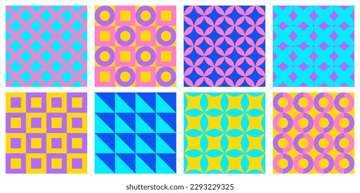 Set of seamless patterns with abstract geometric shapes. Colorful vector retro backgrounds and covers template.