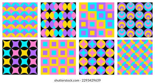 Set of seamless patterns with abstract geometric shapes. Colorful vector retro backgrounds and covers template.