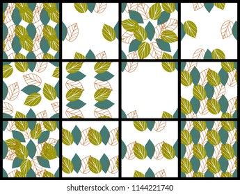 Set of seamless patterns with abstract green and blue leaves in primitive style on white background. Floral wallpapers in scandinavian style. Patterns for fabric, textile and surface designs.
