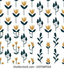 Set of seamless patterns with abstract hand drawn flowers and leaves on a white background. Vector design for wrapping paper, textile. 