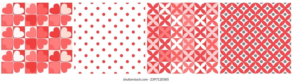 A set of seamless patterns with abstract hearts, on the background of geometric grid squares. Vector graphics.