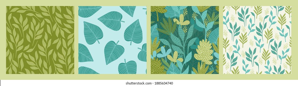 Set of seamless patterns with abstract leaves. Modern design for paper, cover, fabric, interior decor and other users.