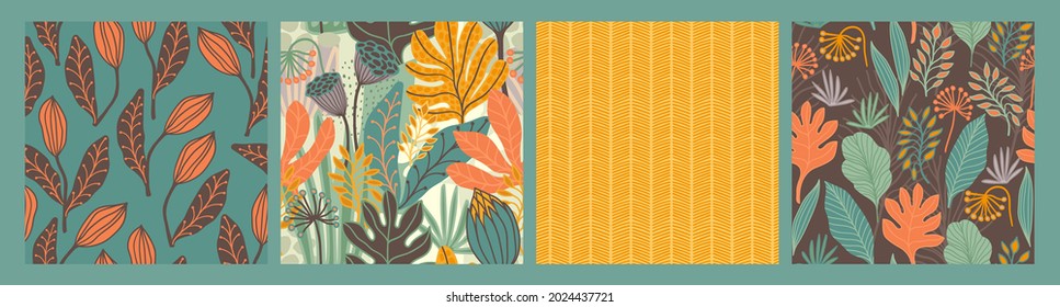 Set of seamless patterns with abstract leaves. Modern design for paper, cover, fabric, interior decor and other users.
