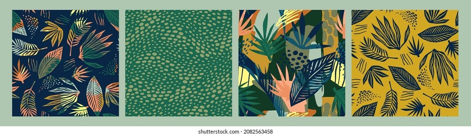 Set of seamless patterns with abstract leaves. Modern design for paper, cover, fabric, interior decor and other users.