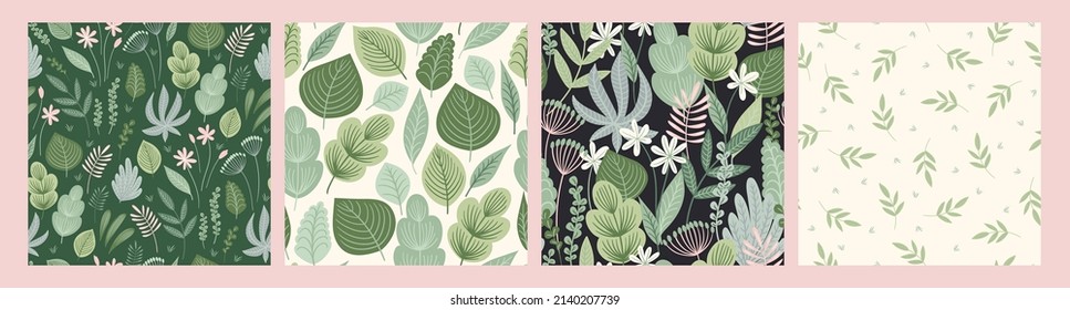 Set of seamless patterns with abstract leaves. Modern design for paper, cover, fabric, interior decor and other users.