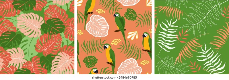 Set of seamless patterns with abstract leaves, plants, parrots. Natural print. Vector graphics.
