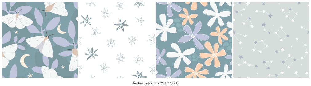 A set of seamless patterns with an abstract natural print. Butterflies, leaves, flowers, the starry sky. Vector graphics.