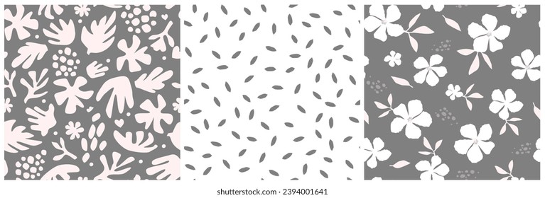 Set of seamless patterns with abstract natural pattern. Simple silhouettes of flowers, leaves, branches, monochrome ornament. Vector graphics.