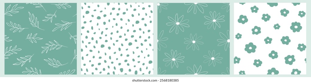 A set of seamless patterns with abstract natural prints with flowers, leaves, spots, daisies. Summer monochrome print. Vector graphics.