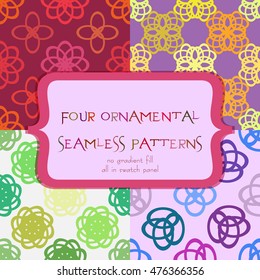 Set of seamless patterns with abstract ornaments in different shapes and colors. Kaleidoscope background in four variants. All in swatch panel. No gradient fill. Vector illustration