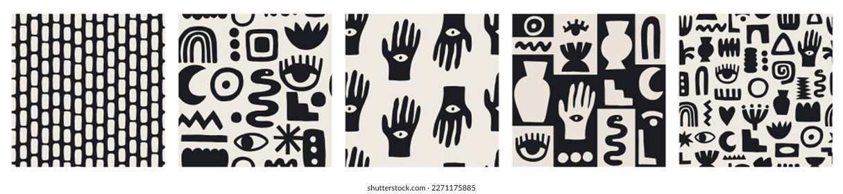 Set of seamless patterns with abstract pieces. Naive art. Vector Hand drawn background for design and card, covers, package, wrapping paper. 