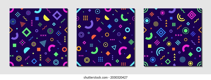 Conjunto de patrones sin fisuras con formas abstractas, líneas. Elementos vectoriales coloridos en forma de doodle para fondo, papel pintado, textil, cubierta, banner, tarjeta. Diseño sencillo y divertido. Gráfico moderno para vacaciones. 