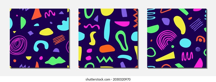 Set of seamless patterns with abstract shapes, lines. Colorful vector elements for background, wallpaper, textile, cover, banner, greeting card. Modern graphic for a children's holiday. Fun design - Shutterstock ID 2030320970