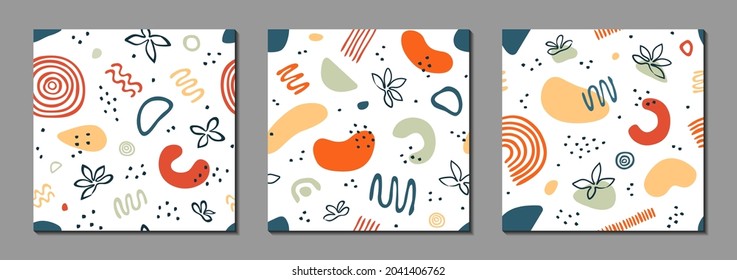 Set of seamless patterns with abstract shapes. Colorful vector elements for background, wallpaper, textile, cover, banner, greeting card. Modern graphic for a children's holiday. Simple, fun design