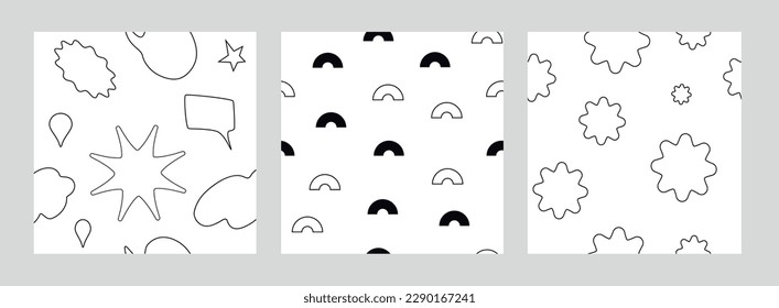 Set of seamless patterns with abstract shapes. line, point, shape isolated on white background. for print, paper, social media networks, banners. Modern vector art illustration