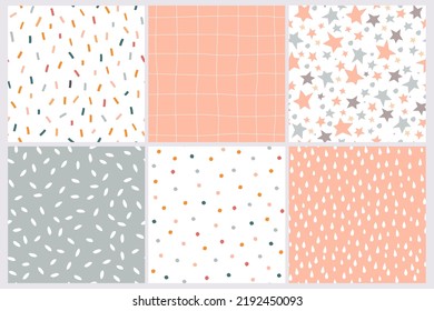 A set of seamless patterns with an abstract simple geometric print. Baby ornament with stars, dots, confetti, lines for gift wrapping. Vector graphics.