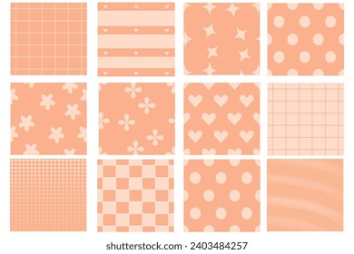 Set of seamless patterns with an abstract simple geometric print.  Geometric backgrounds in trendy color 2024 Peach Fuzz