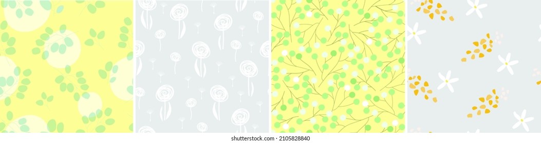 A set of seamless patterns of abstract spring. Tree branches with leaves, dandelion flowers and daisies. Spring summer print. Vector graphics.