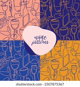 Set of seamless patterns with abstract style wine bottles and glasses, vector illustration