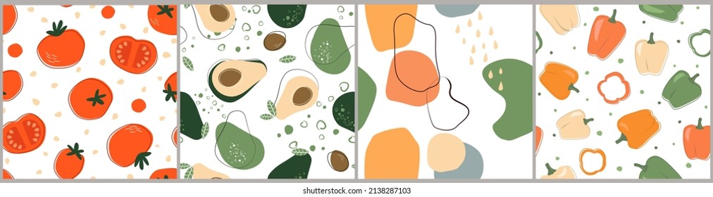 A set of seamless patterns with abstract vegetables. Print with tomatoes. pepper, avocado, simple shapes. Vector graphics.