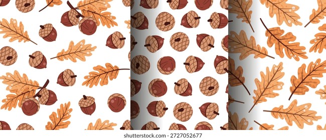 Conjunto de padrões sem costura com bolotas e folhas de carvalho em estilo plano. Textura de outono rústico para papel de parede, têxteis, embalagem, fundo e decoração acolhedora.