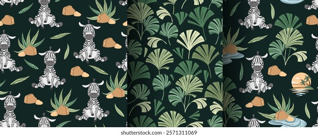 Set of Seamless Patterns with African Animals. Cute children's texture with zebra, sunset, plants. Vector illustration for children's wallpapers, backgrounds, fabric, etc.