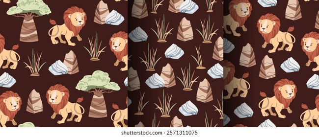 Set of Seamless Patterns with African Animals. Cute children's texture with lion, stone and grass. Vector illustration for children's wallpapers, backgrounds, fabric, etc.