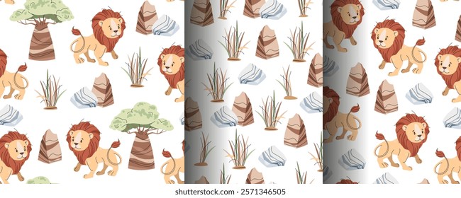 Set of Seamless Patterns with African Animals. Cute children's texture with lion, stone and grass. Vector illustration for children's wallpapers, backgrounds, fabric, etc.