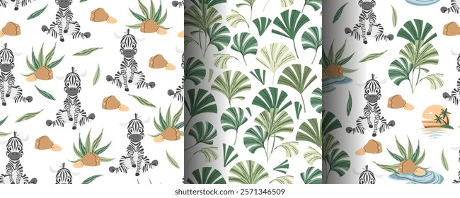 Set of Seamless Patterns with African Animals. Cute children's texture with zebra, sunset, plants. Vector illustration for children's wallpapers, backgrounds, fabric, etc.