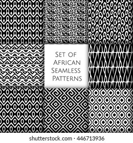 Set of seamless patterns with african ethnic and tribal ornament. Vector black and white boho ornaments collection.